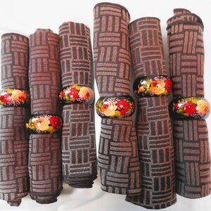 6  Painted Napkin Rings + Brown Cloth Napkins